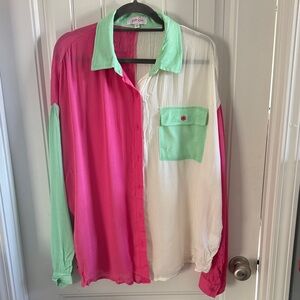 Colorblock Pink and Green Women's Button Down Shirt